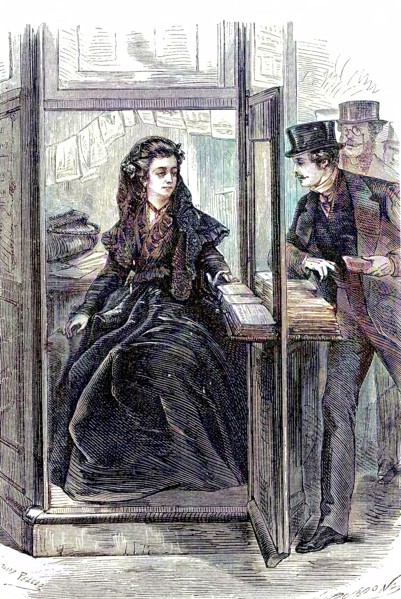 Newspaper seller in a small kiosk in 1869