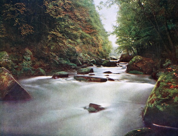 At the waterfalls of the Prüm near the ruin Prüm zur Lay in the Eifel in 1910,