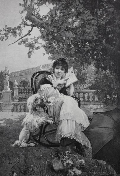 Young Woman Sitting In A Chair Trying To Teach Her Dog Reading