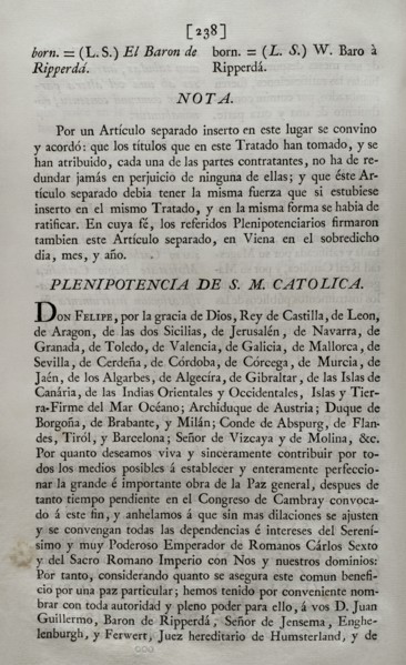 Peace treaty between the King of Spain Philip V and the Holy Roman Emperor Charles VI.
