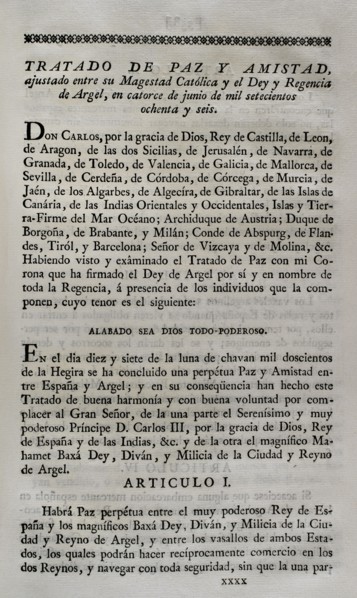 Treaty of Peace and Amity between Spain and Algiers.
