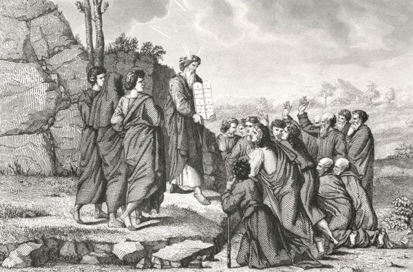 Moses when descending from Mount Sinai with the Tablets of the Law.