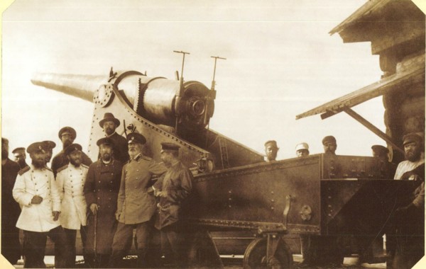 Mining chief of the Perm Cannon Plants Nikolai Gavrilovich Slavyanov in a group of plant engineers and artillery acceptance officers at the factory range