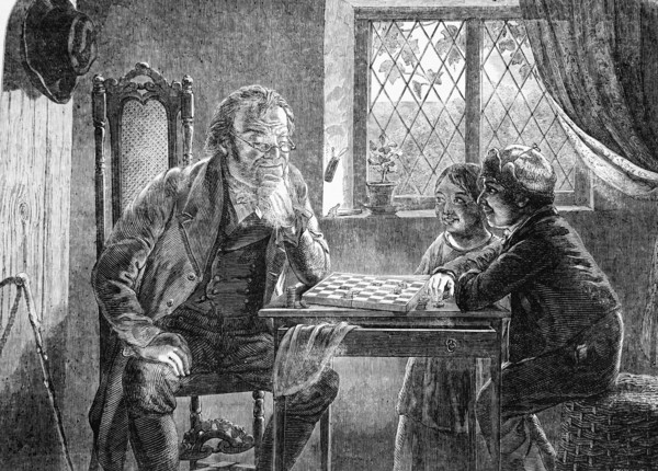 An Old Man Playing Chess Against Two Children In Their Home.