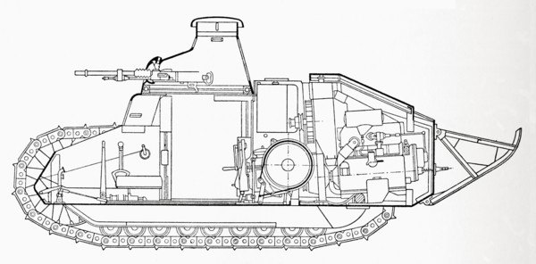 A Renault FT, frequently referred to in post-World War I literature as the "FT-17", "FT17"or Mosquito tank, French light tank.