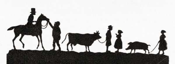 Paper silhouette depicting people taking their animals to market.