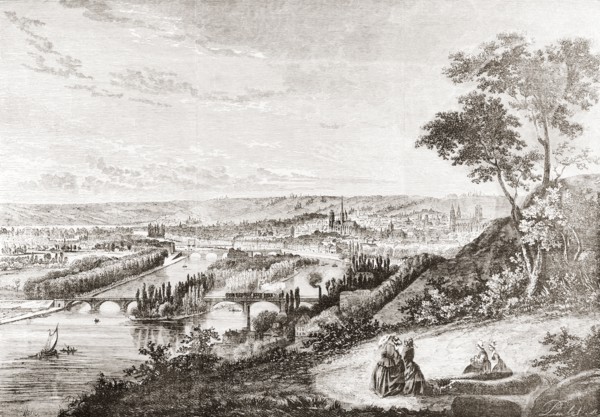 A view of Rouen, France in the 19th century.