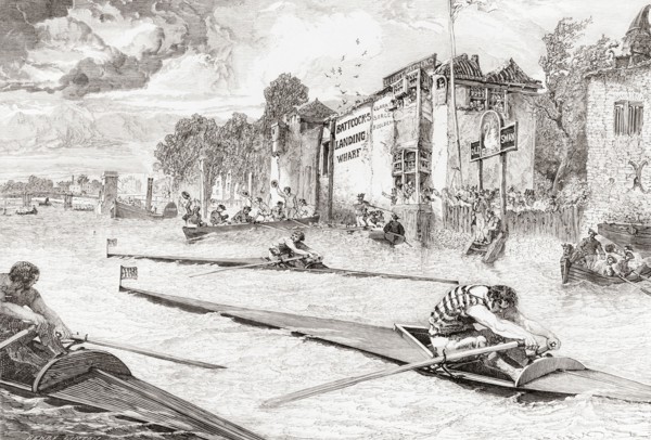 Canoe racing on the River Thames, England in the 19th century.