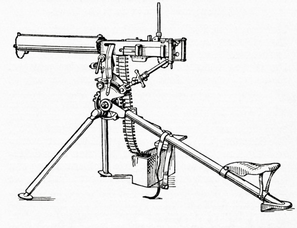 A machine gun mounted on a tripod, used during WWI.