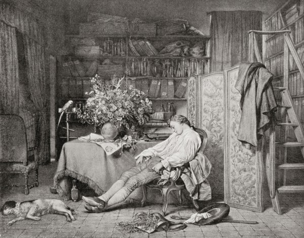 Linnaeus at home asleep in a chair after returning from one of his botanical excursions.