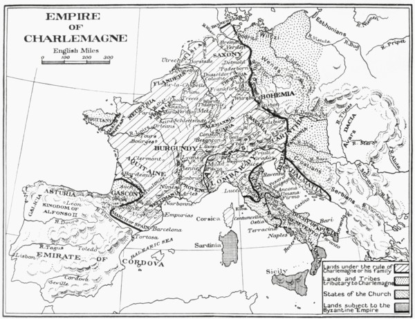 Map of France showing the Empire of Charlemagne.