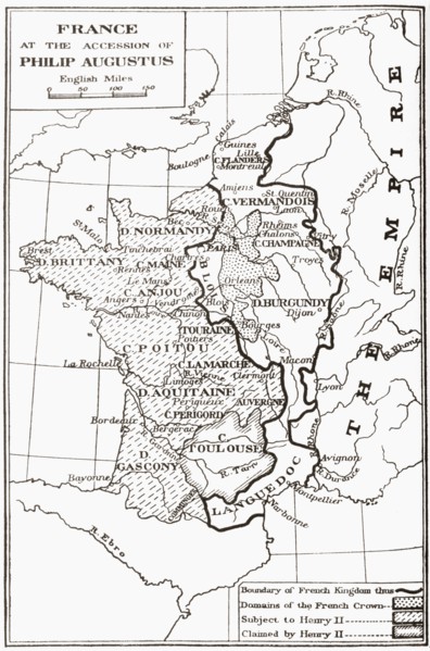 Map of France at the accession of Philip II, aka Philip Augustus.
