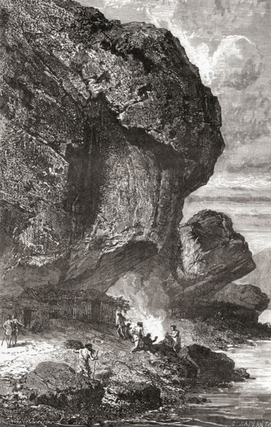 Neanderthal man under the rock shelter of the Bruniquel Cave, France in prehistoric times.