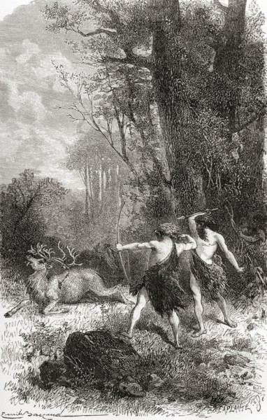 Neanderthal hunters kill a reindeer during prehistoric times.