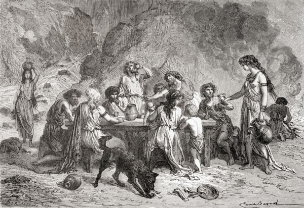 Men and women eating and drinking during the Bronze Age.