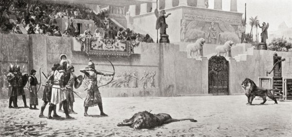 An Assyrian king practices the killing of lions.