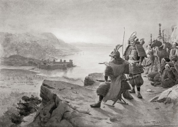 Yoshitsune inspecting the defences of the Taira Army. Minamoto no Yoshitsune.