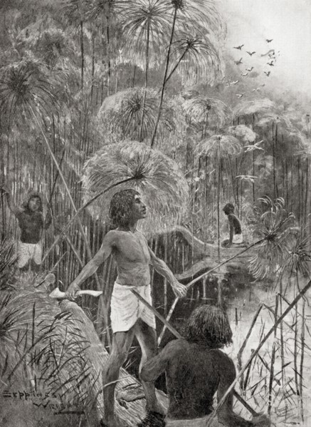 Ancient Egyptians using throw-sticks to kill wild birds in the marshes of the Nile.