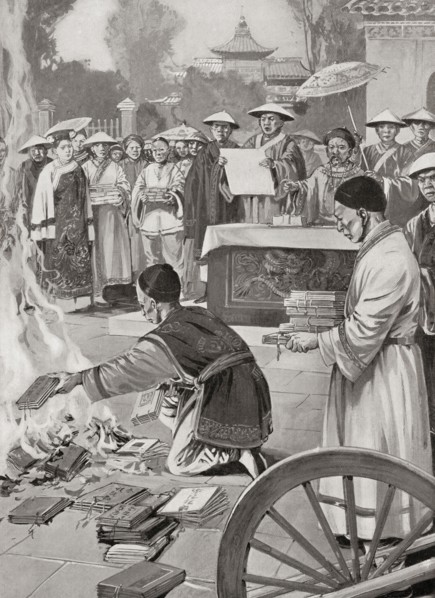 The burning of texts in 213 BC by the First Emperor of the Qin dynasty of ancient China, Qin Shi Huang.