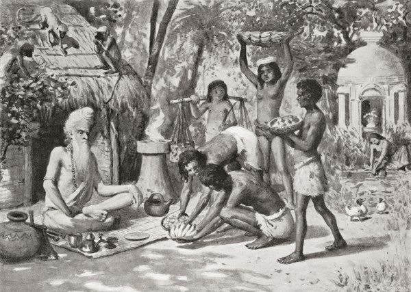 A hermit in ancient India seen here being brought food by the younger generation.