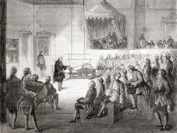 Nollet conducting a physics course at the college of Navarre in 1754.