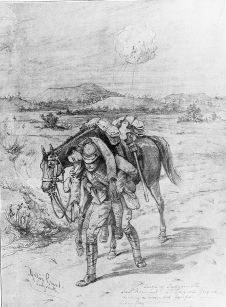 Lieutenant Norwood of the 5th Dragoon guards rescuing a wounded trooper under fire at Ladysmith.