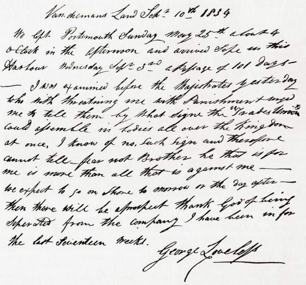 A letter received by James Loveless from his brother George Loveless.