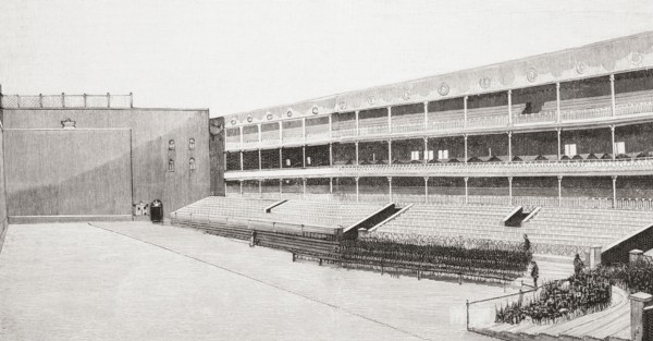 Interior of the Fiesta Alegre Fronton court and stands.