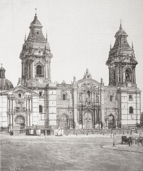 The facade of The Basilica Cathedral of Lima.