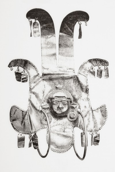 The head of a warrior with gold ornamentation worked by the Quimbaya civilization.