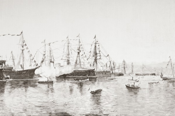 The visit of king Umbert I to the Spanish warship Pelayo during the The Columbian Festivals in Genoa.