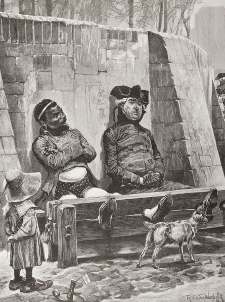 Two criminals in the stocks.
