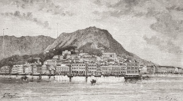 A view of Hong Kong in the 19th century showing the two new stations for the Peak Tram funicular railway.