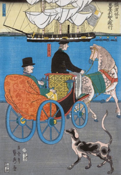 A tourist takes a horse and cart ride around the harbour of Yokohoma.