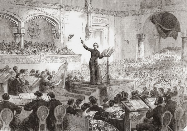 Franz Liszt conducting the performance of his new oratorio.