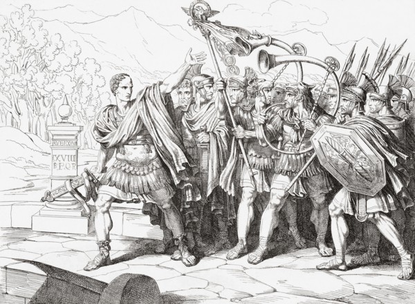 Julius Caesar poised to cross the Rubicon in 49 BC.