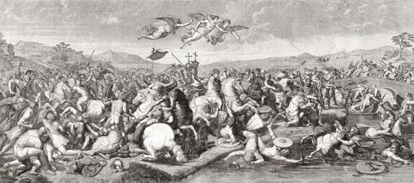 The victory of Roman Emperor Constantine I over Maxentius at The Battle of the Milvian Bridge.