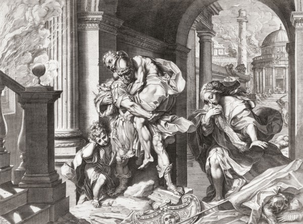 As Troy burns behind him Trojan hero Aeneas and his family flee.