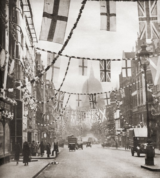 Flags and bunting hanging in Fleet Street.