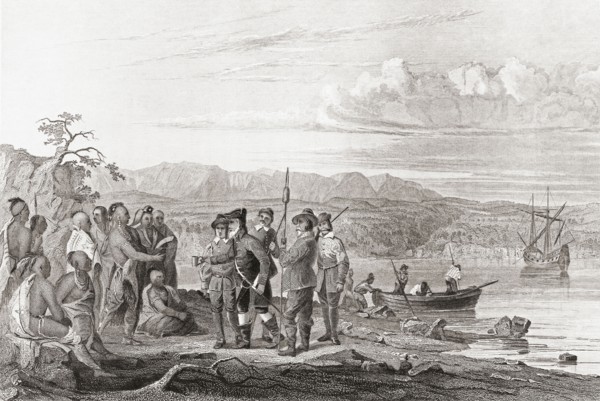 In 1609, Henry Hudson offers liquor to the Indians on the North River, now known as the Hudson River.