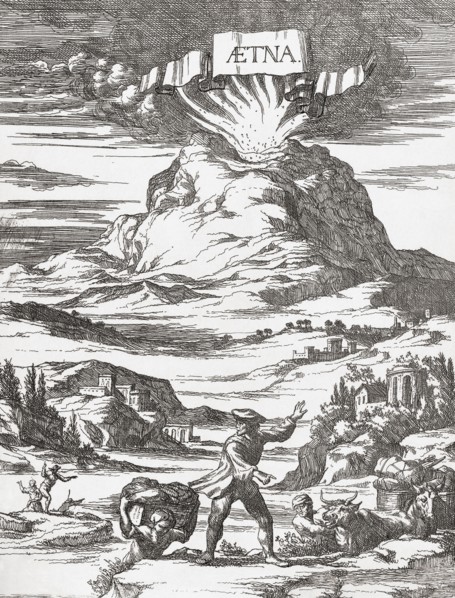 People fleeing an eruption of Mt. Etna volcano.