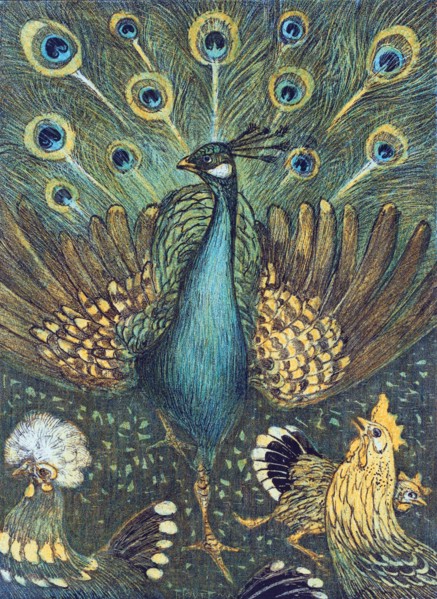 Peaock and Three Chickens.