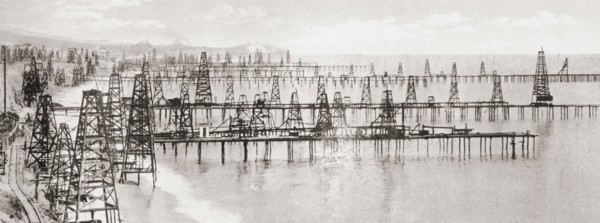 Oil wells drilled into the bed of the Pacific ocean at Summerland.