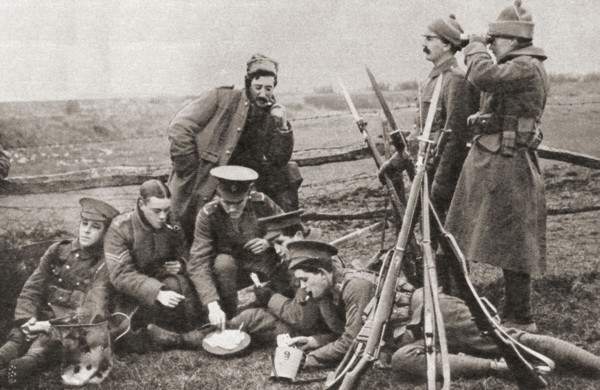 British soldiers playing cards whilst behind enemy lines during WWI.
