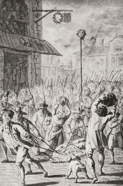 The head of Joseph-Francois Foullon de Doue stuck on a pike and paraded through the streets of Paris after being beheaded by the crowd during the French Revolution in 1789.