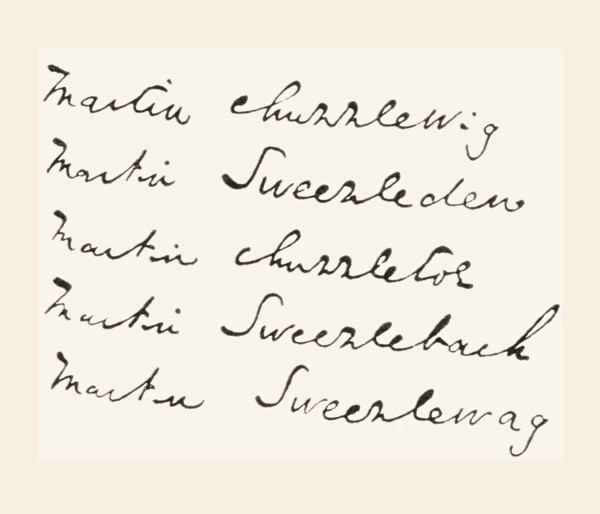 Part of Dicken's manuscript notes re the name of his hero for Martin Chuzzlewit.