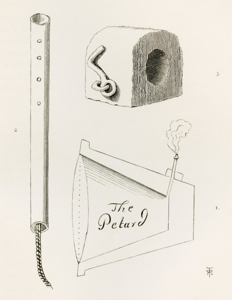 Types of Petards, or small bombs, usually conical or rectangular metal objects containing gunpowder.