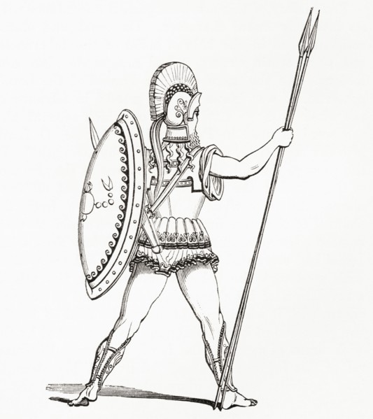 A heavily armed Greek warrior dressed for battle. From The Imperial Bible Dictionary.