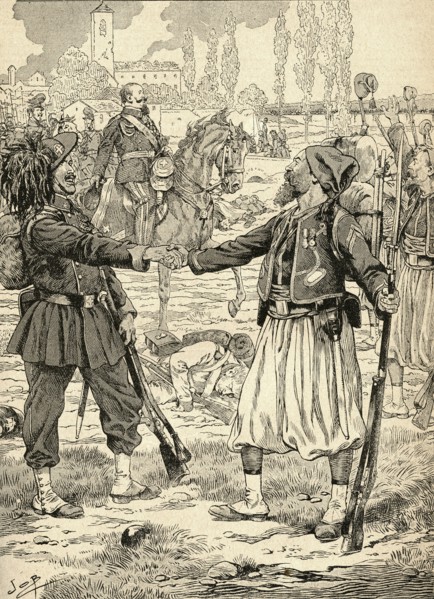 French and Sardinian soldiers shaking hands to celebrate their victory against the Austrians after the Battle of Palestro.