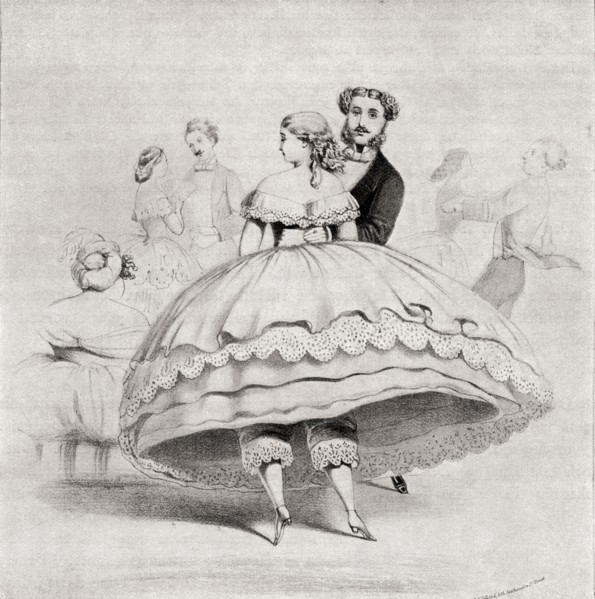 19th century lady arriving at a ball wearing a crinoline.